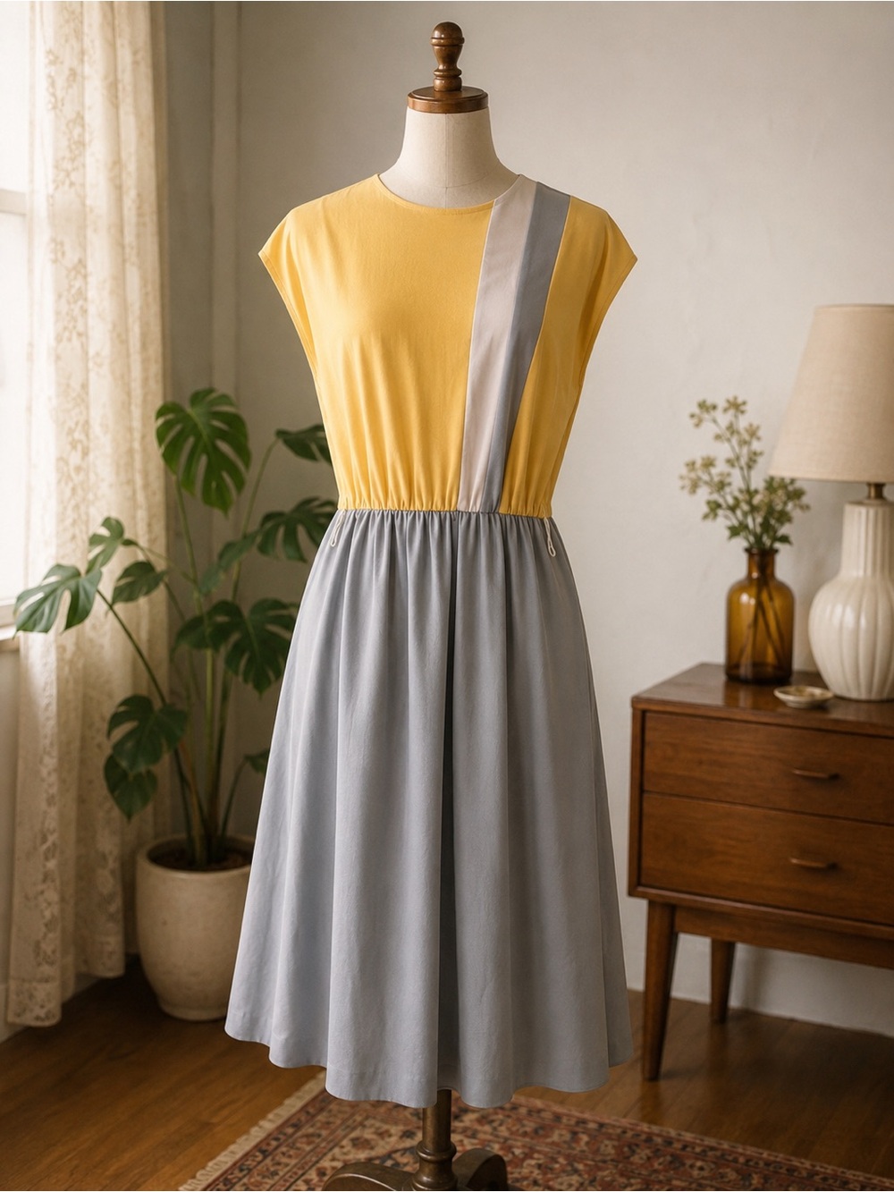 Vintage Studio Petites Colorblock Midi Dress Yellow Gray USA Made 16P